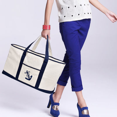 25" Extra Large Canvas Tote Bag Heavy Duty Roomy Zipper Grocery Shopping Carry Beach Boat Bag Handbag with Embroidered Anchor - Beige