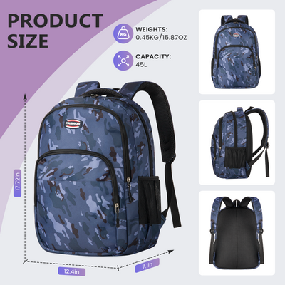 Blue Backpack for School, College, and Travel, Water Resistant Bookbag, Backpack for Boys & Girls with Adjustable Padded Mesh Straps, Geometric Print Kids Backpack for Girls Boys School Bag Bookbags