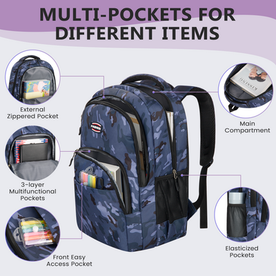 Blue Backpack for School, College, and Travel, Water Resistant Bookbag, Backpack for Boys & Girls with Adjustable Padded Mesh Straps, Geometric Print Kids Backpack for Girls Boys School Bag Bookbags