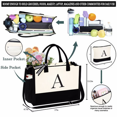 IEFSHINY Initial Canvas Tote Bag for Women Girls, Makeup Bag with Zipper Adjustable Strap Zipper Personalized Beach Tote Bag for Women Girls