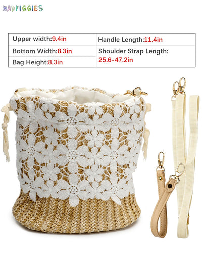 BadPiggies Women Straw Bucket Handbag, Summer Bohemia Beach Tote Bag Top Handle Travel Woven Purse Handmade Hobo Shoulder Bag (Flower)
