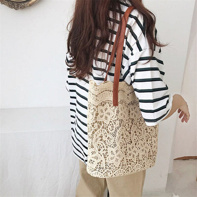 CoCopeaunts Summer Bucket Shoulder Bag For Women Summer Lace Crochet Flower Elegant Vacation Beach Bag Large Capacity Shopping Bag Purse