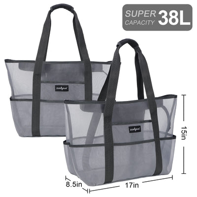 ZUXNZUX Unisex Large Nylon Mesh Beach Tote Bag with 8 Pockets, Gray