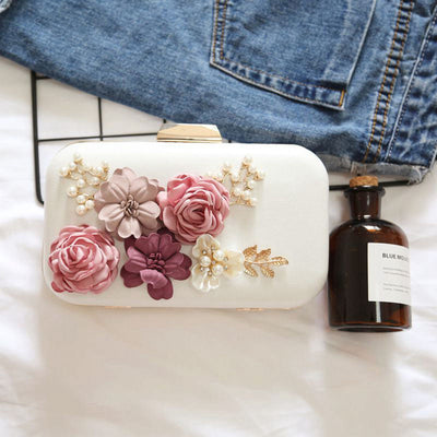 Women Clutches Purses Bags Flower Leather Envelope Wallet Evening Handbag(white)