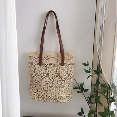 CoCopeaunts Summer Bucket Shoulder Bag For Women Summer Lace Crochet Flower Elegant Vacation Beach Bag Large Capacity Shopping Bag Purse