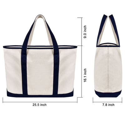 25" Extra Large Canvas Tote Bag Heavy Duty Roomy Zipper Grocery Shopping Carry Beach Boat Bag Handbag with Embroidered Anchor - Beige