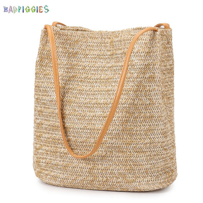 BadPiggies Women Straw Beach Bag Tote Shoulder Bag Summer Lightweight Buckets Handbag (Dark Beige)
