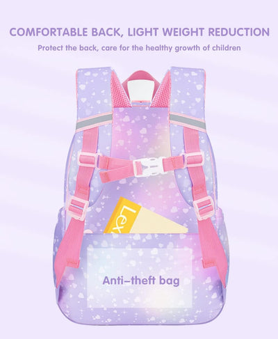 Ficcug School Bag Backpacks for Girls,Shoulder Children School Bookbags for Kids,Primary School Season Gift,Purple