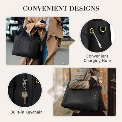 ECOSUSI Leather Laptop Tote Bag for Women 15.6 Inch Computer Briefcase Waterproof Handbag Shoulder Bag Purse for Tablet Work Office Business College Daily Travel, Black