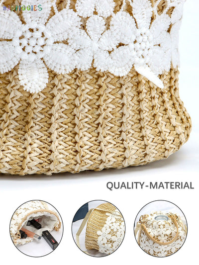 BadPiggies Women Straw Bucket Handbag, Summer Bohemia Beach Tote Bag Top Handle Travel Woven Purse Handmade Hobo Shoulder Bag (Flower)