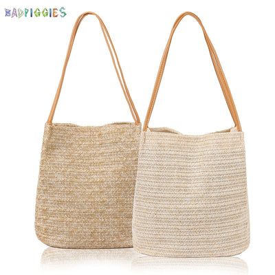 BadPiggies Women Straw Beach Bag Tote Shoulder Bag Summer Lightweight Buckets Handbag (Dark Beige)