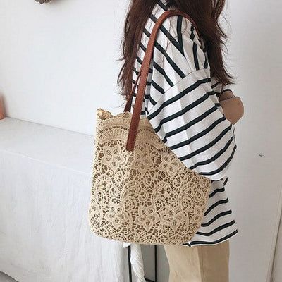 CoCopeaunts Summer Bucket Shoulder Bag For Women Summer Lace Crochet Flower Elegant Vacation Beach Bag Large Capacity Shopping Bag Purse