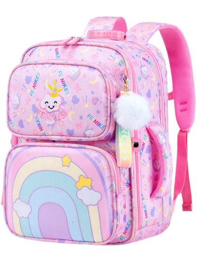 Tyethy Girls Backpack Cute Rainbow School Bag Large Multi-pockets Kids School Backpack Bookbag for Children, Pink
