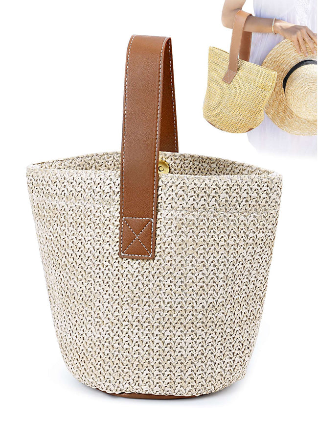 Gustave Women Straw Woven Beach Bag Summer Bucket Handbags Tote Purse Vintage Top Handle Rattan Bags for Travel Vocation "Beige"