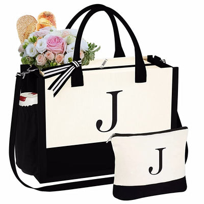IEFSHINY Initial Canvas Tote Bag for Women Girls, Makeup Bag with Zipper Adjustable Strap Zipper Personalized Beach Tote Bag for Women Girls