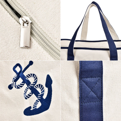 25" Extra Large Canvas Tote Bag Heavy Duty Roomy Zipper Grocery Shopping Carry Beach Boat Bag Handbag with Embroidered Anchor - Beige