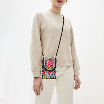 EEEkit Crossbody Cell Phone Purse for Women, Small Retro Embroidery Printed Shoulder Bag, Cellphone Pouch Coin Purse