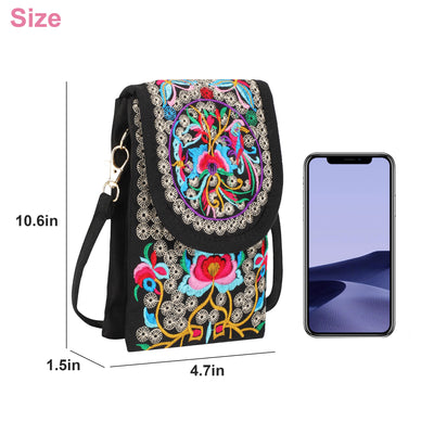EEEkit Crossbody Cell Phone Purse for Women, Small Retro Embroidery Printed Shoulder Bag, Cellphone Pouch Coin Purse